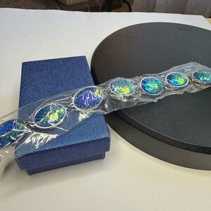 Simulated Blue Magic Color Topaz Disco Ball Theme Oval Charm Station Bracelet